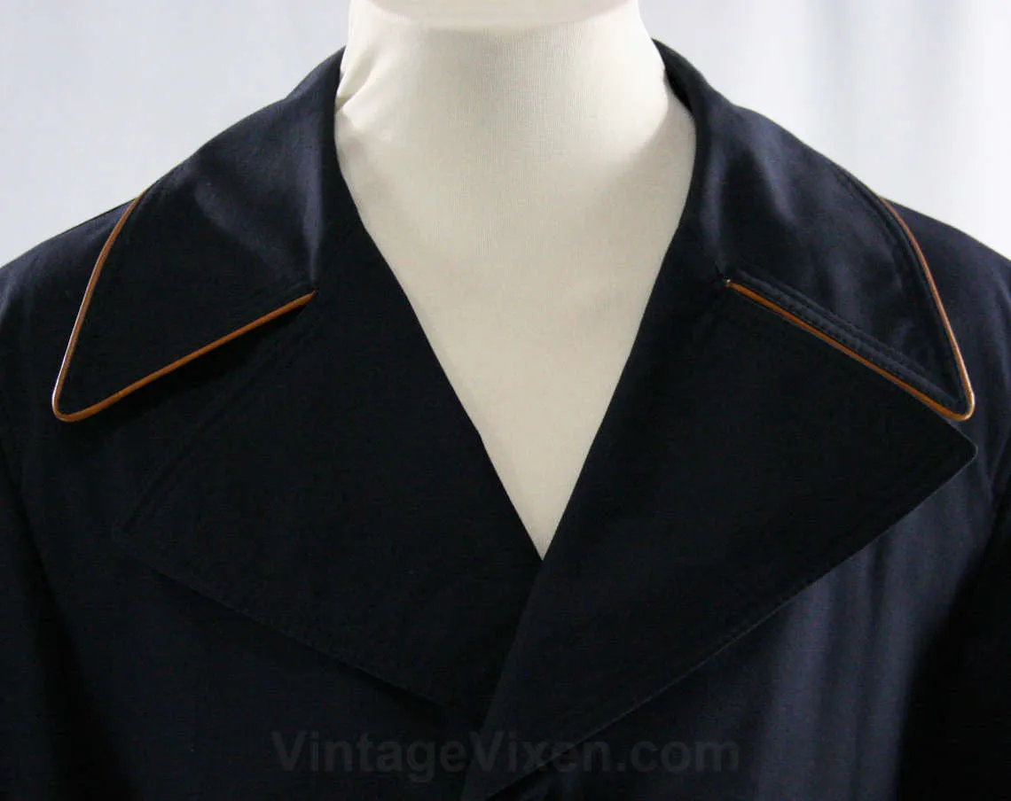 1960s Trench Style Men's Coat - Size Medium to Large - Navy Dark Blue Cotton Canvas & Fine Spanish Leather - Induyco - Chest 44 - 43066