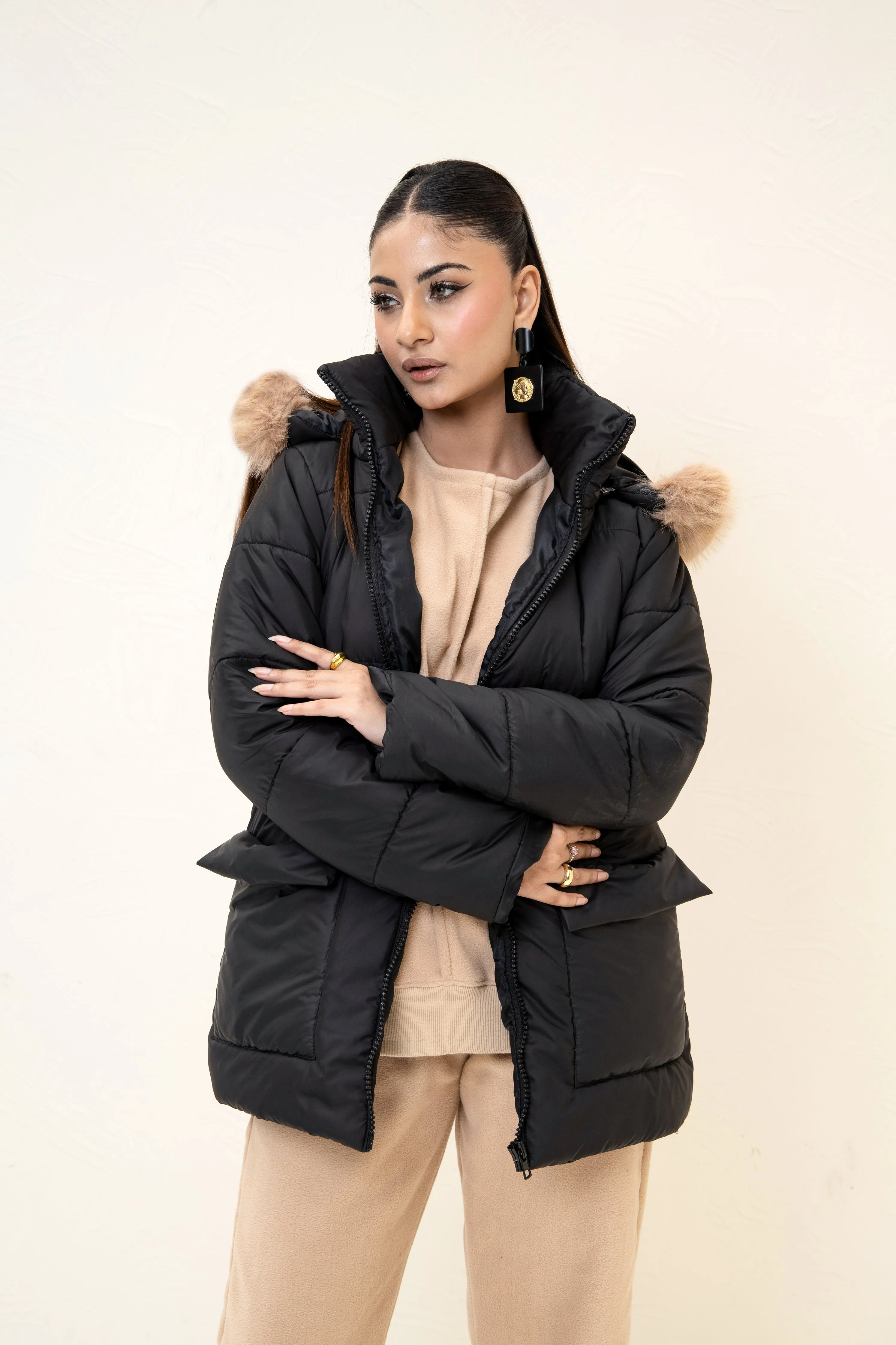 Alaska NEO Soft Puffer Jacket with Fur Hoodie Black