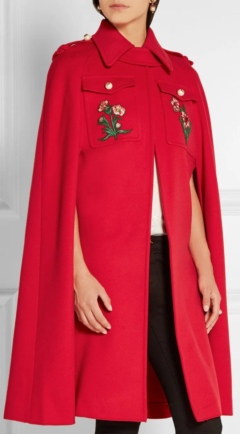 Appliquéd Wool Cape Coat in Red