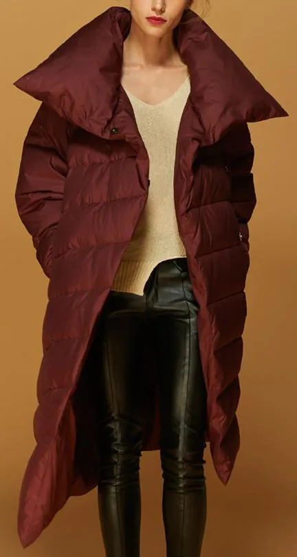 Asymmetric Paneled Duck-Down Puffer Coat in Red