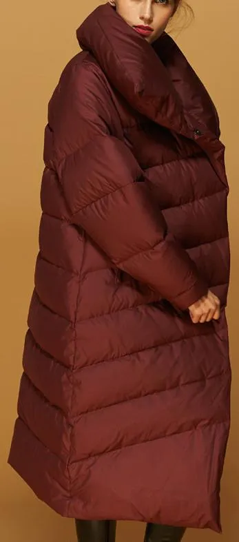 Asymmetric Paneled Duck-Down Puffer Coat in Red