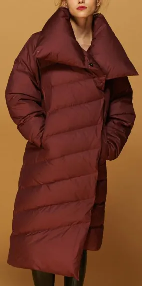 Asymmetric Paneled Duck-Down Puffer Coat in Red