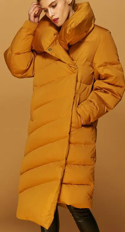 Asymmetric Paneled Duck-Down Puffer Coat