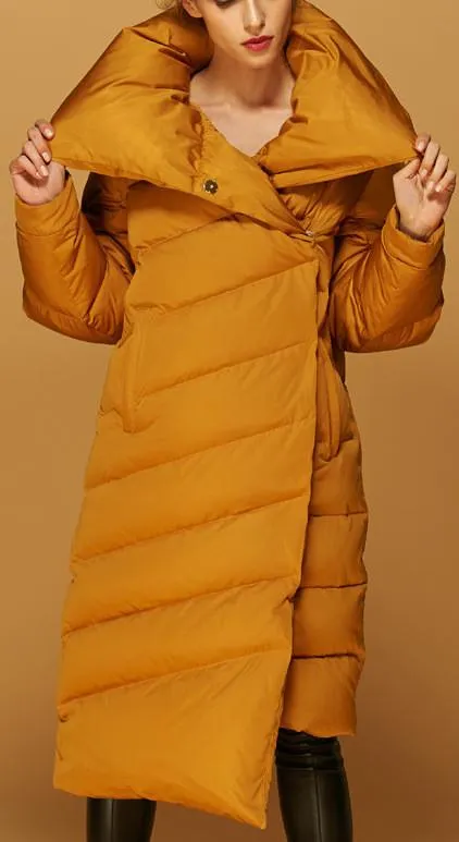 Asymmetric Paneled Duck-Down Puffer Coat