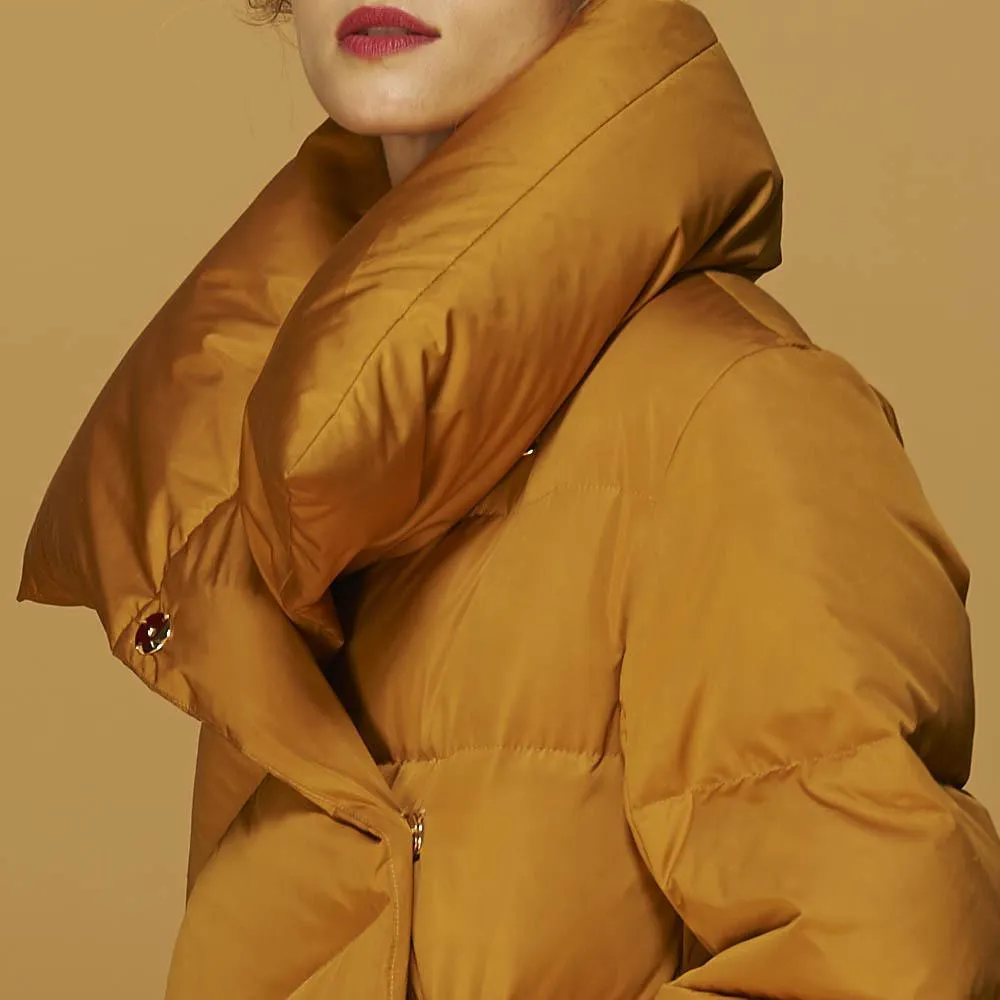 Asymmetric Paneled Duck-Down Puffer Coat