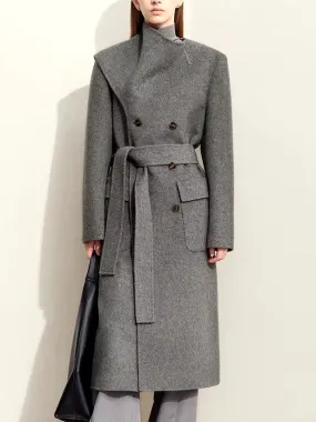 Asymmetrical Scarf Collar Belted Wool and Silk Coat