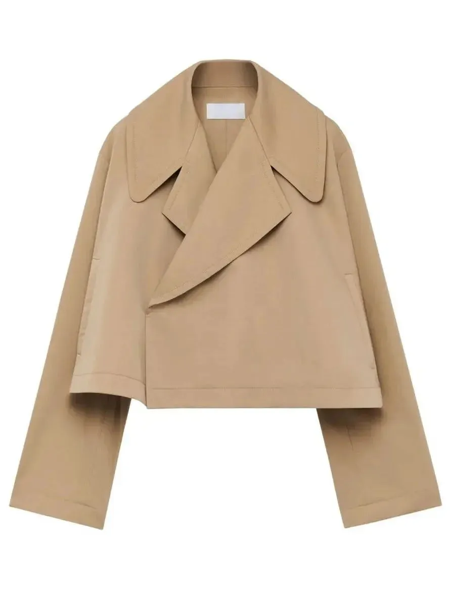 Beige Cotton Cropped Trench Jacket