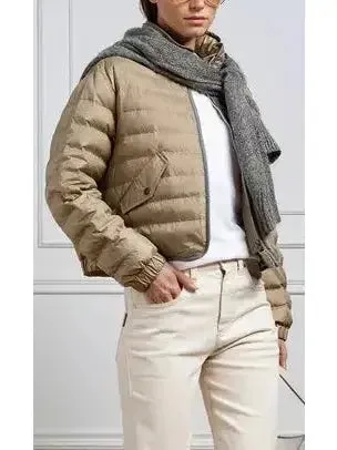 Beige Puffer Down Jacket with Chain Zip