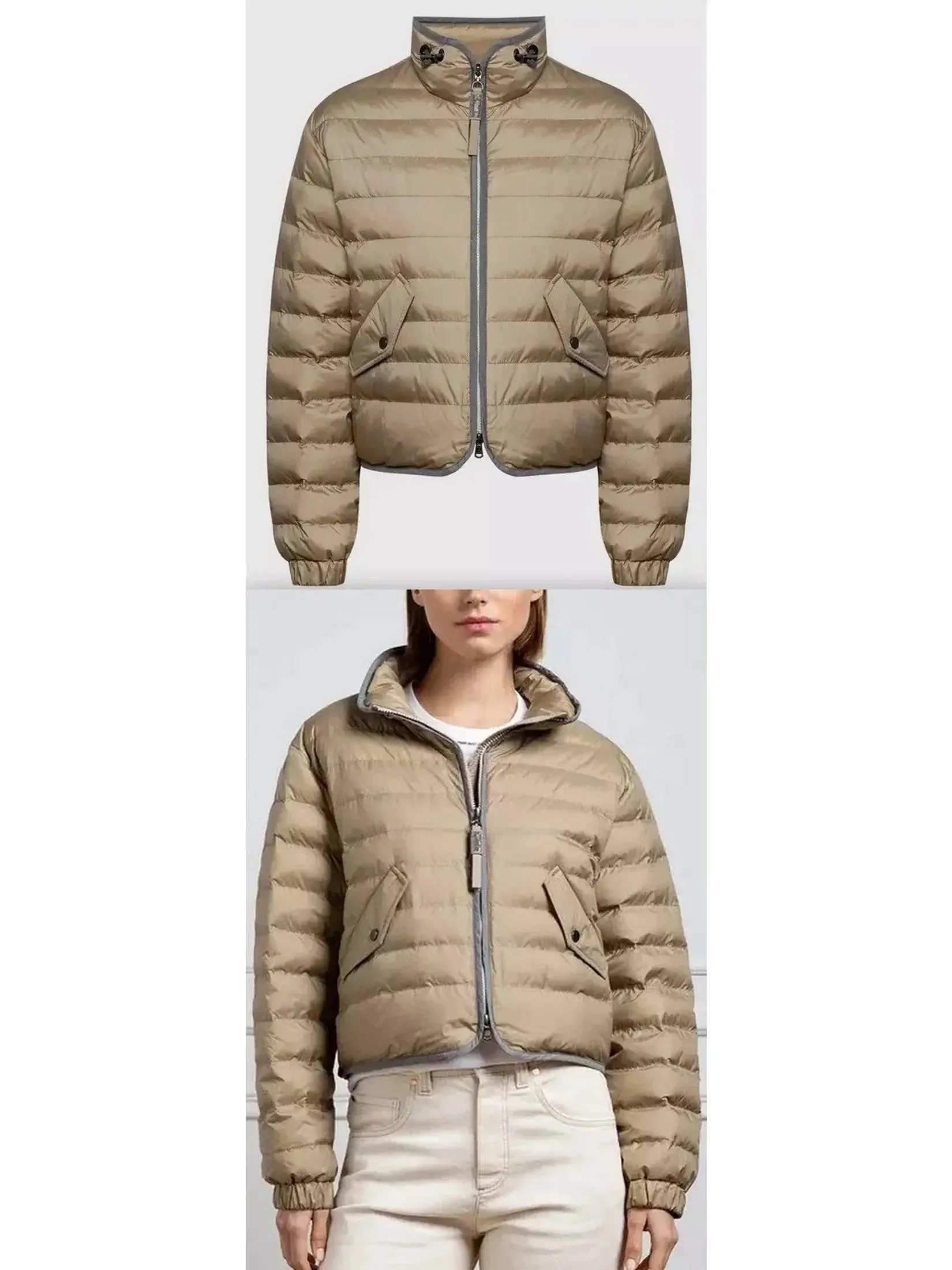 Beige Puffer Down Jacket with Chain Zip