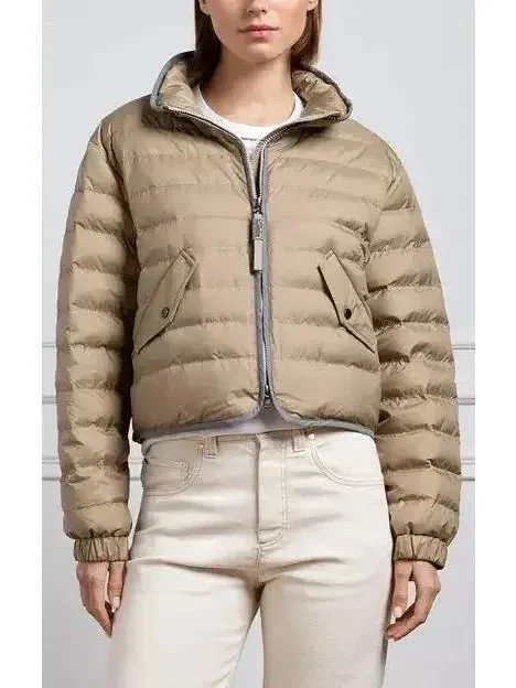 Beige Puffer Down Jacket with Chain Zip