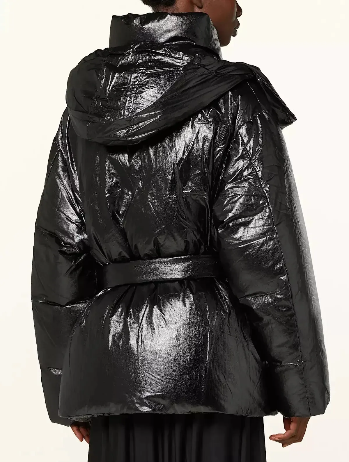 Belted Black Shiny Hooded Down Jacket