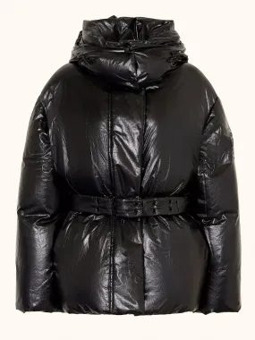 Belted Black Shiny Hooded Down Jacket