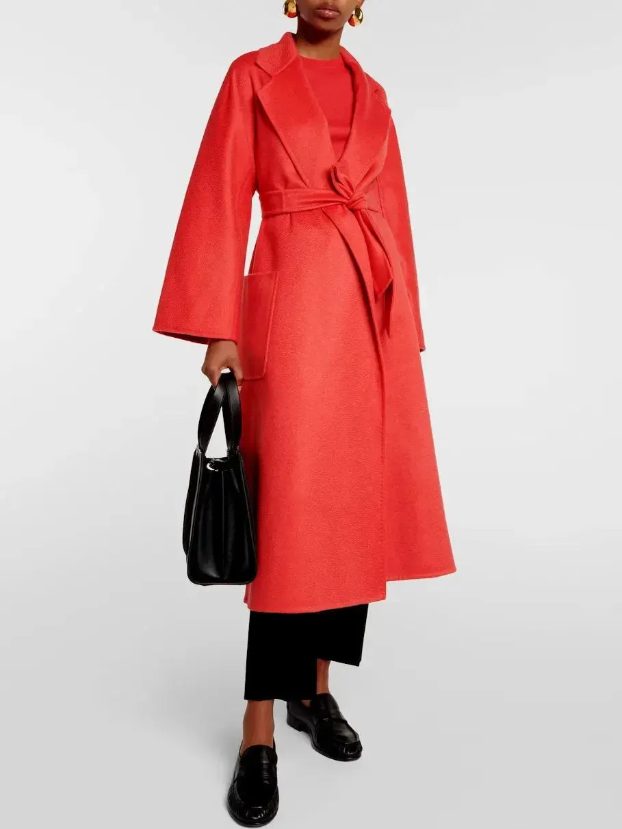 Belted Cashmere and Wool Coat in Red