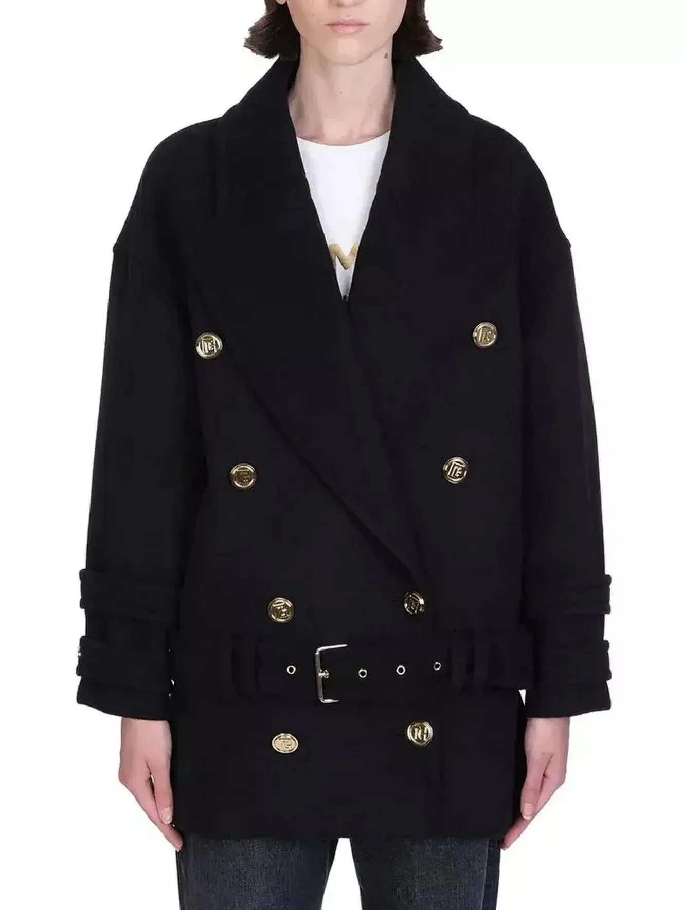 Belted Double-Breasted Cashmere Short Coat