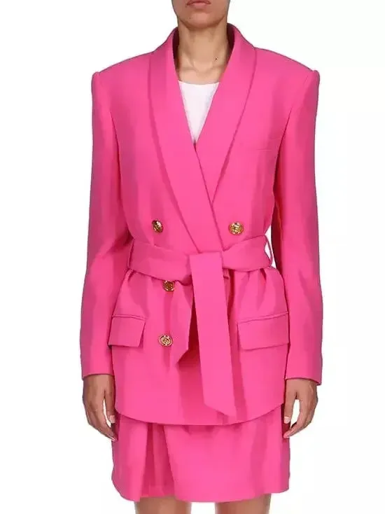 Belted Double-Breasted Fuchsia Pink Blazer