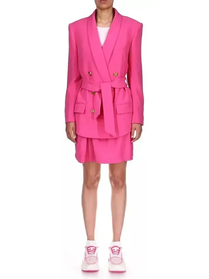 Belted Double-Breasted Fuchsia Pink Blazer