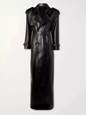 Belted Double-Breasted Long Lambskin Leather Coat