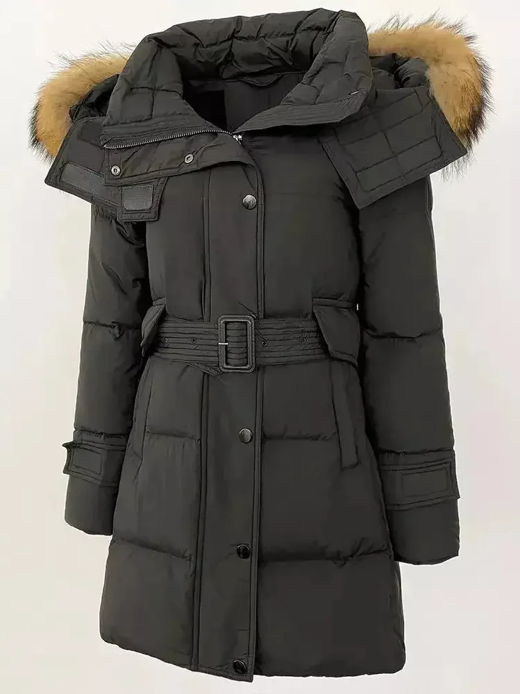 Belted Fur-Hooded Down Coat in Black with Natural Fur