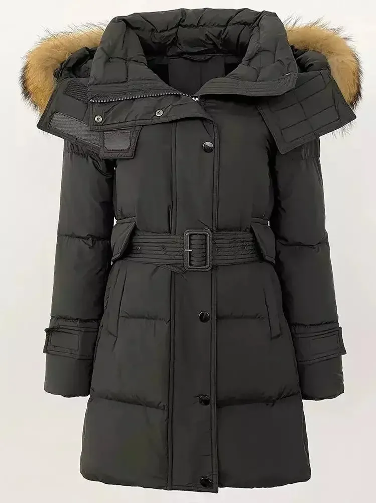 Belted Fur-Hooded Down Coat in Black with Natural Fur