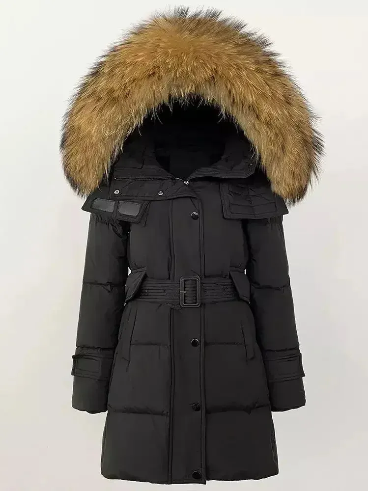 Belted Fur-Hooded Down Coat in Black with Natural Fur