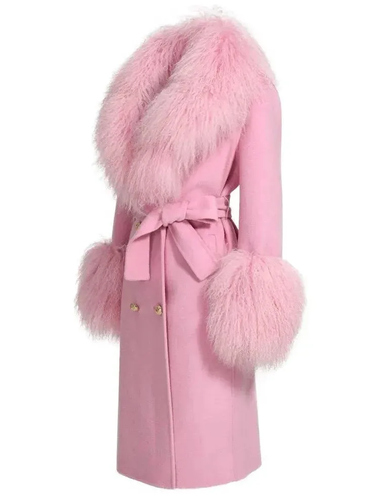 Belted Lambswool/Shearling Wool Cashmere Coat, Light Pink