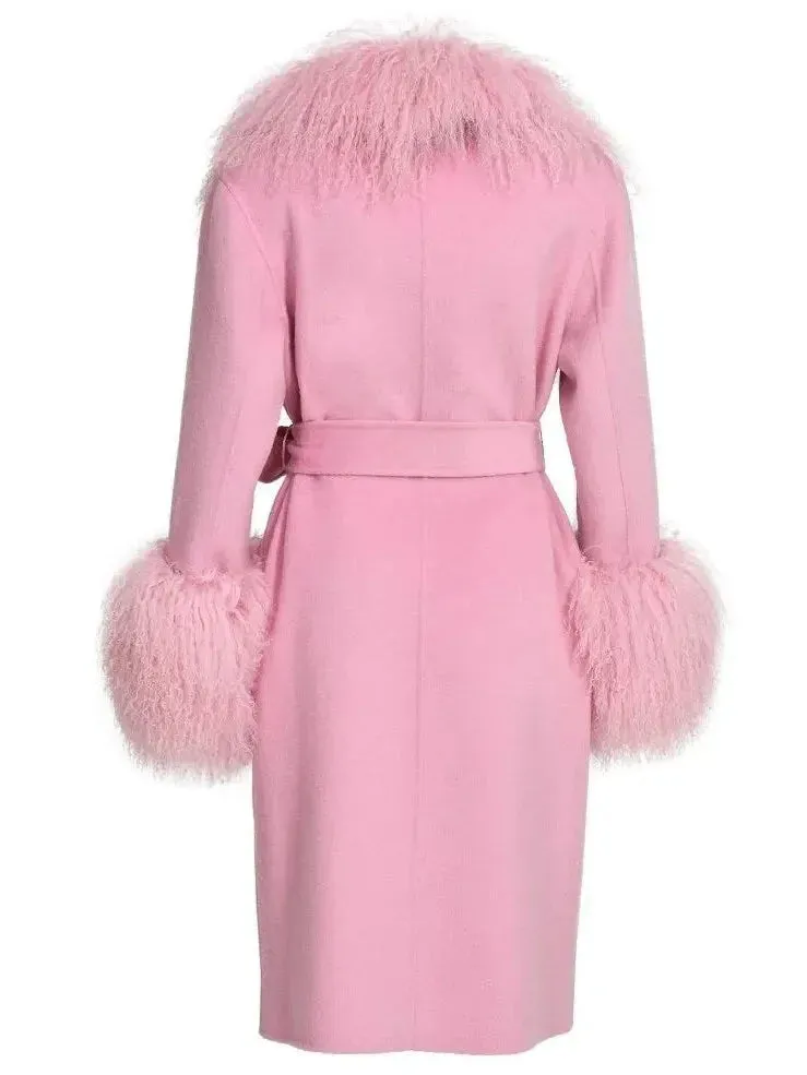 Belted Lambswool/Shearling Wool Cashmere Coat, Light Pink