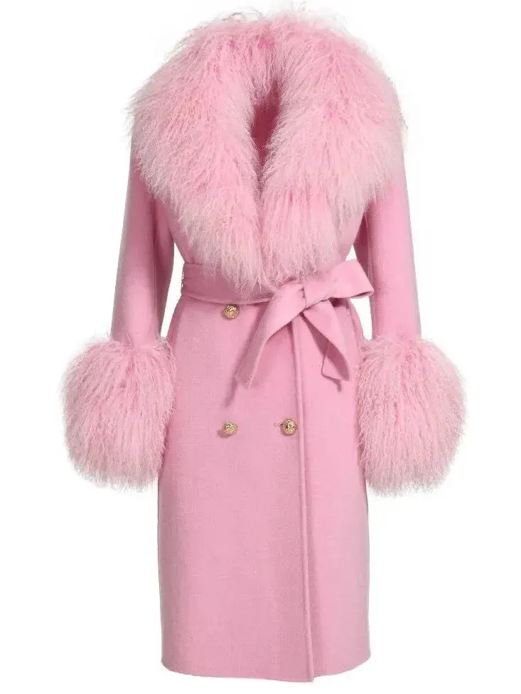 Belted Lambswool/Shearling Wool Cashmere Coat, Light Pink