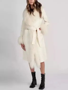 Belted Wool Cashmere and Mongolian Fur Coat in White