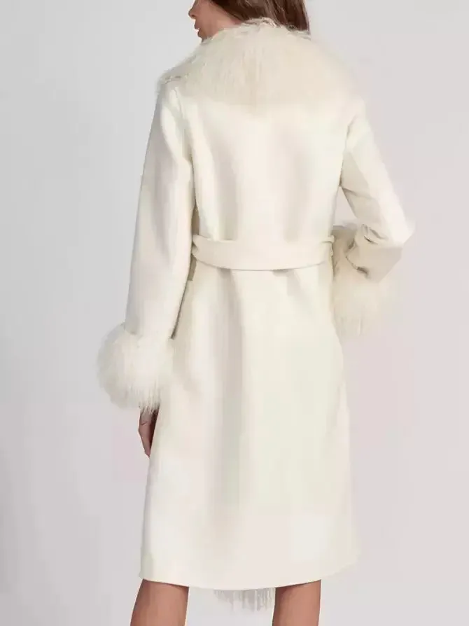 Belted Wool Cashmere and Mongolian Fur Coat in White