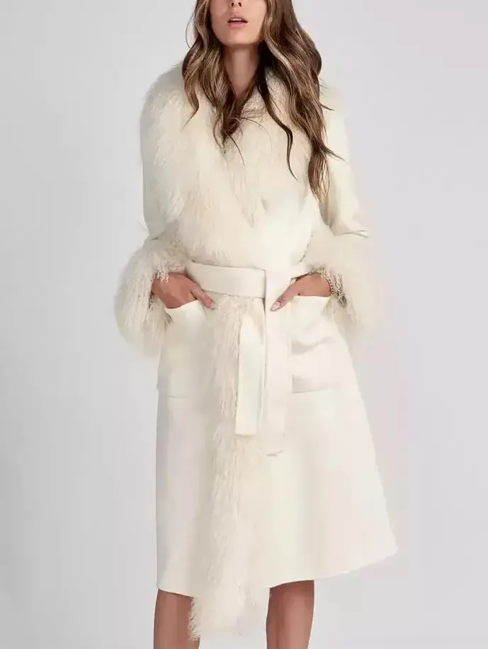 Belted Wool Cashmere and Mongolian Fur Coat in White