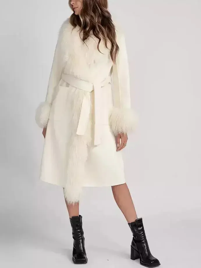 Belted Wool Cashmere and Mongolian Fur Coat in White