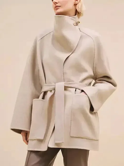 Belted Wool Cashmere Short Coat with Leather Tab in Light Taupe