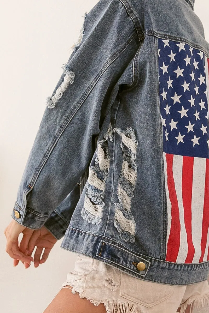 BiBi Distressed Denim American Flag Jacket PREORDER