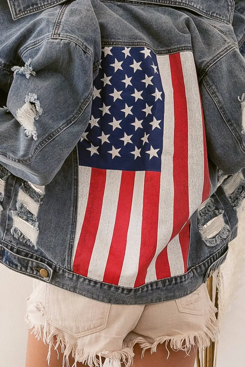 BiBi Distressed Denim American Flag Jacket PREORDER