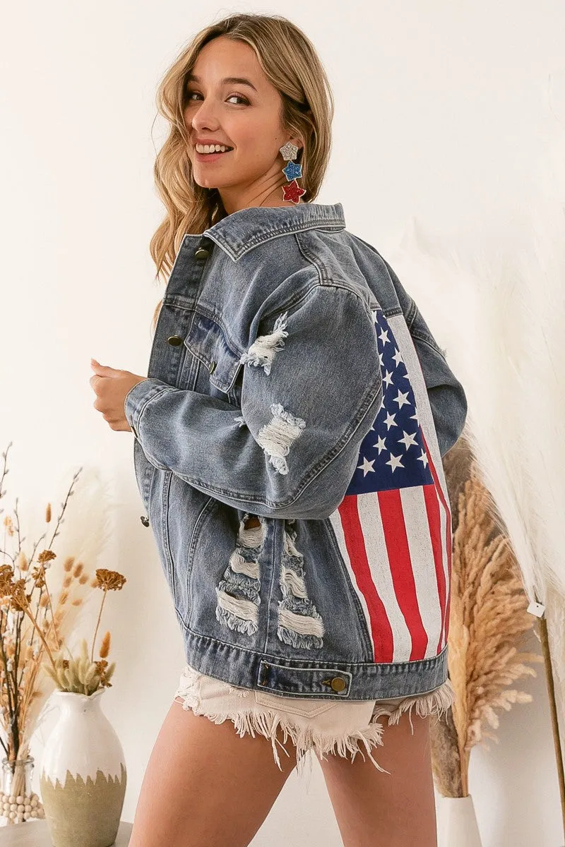 BiBi Distressed Denim American Flag Jacket PREORDER