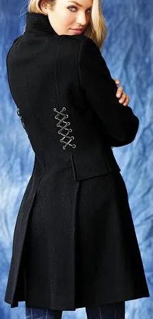 Black Back Lace-up Double Breasted Wool Coat