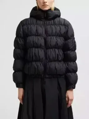 Black Hooded Ruched Puffer Jacket