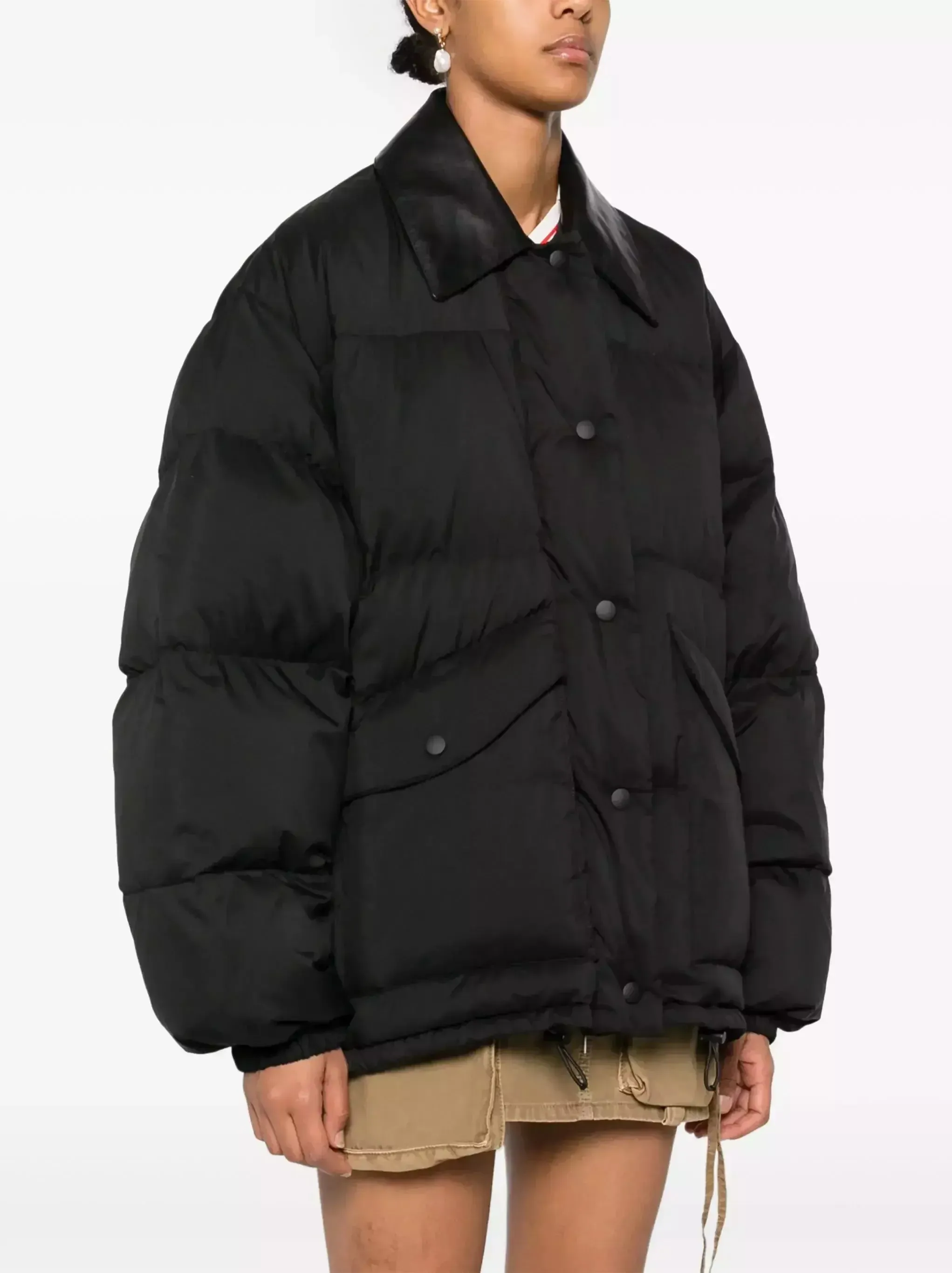 Black Puffer Down Jacket with Leather Collar