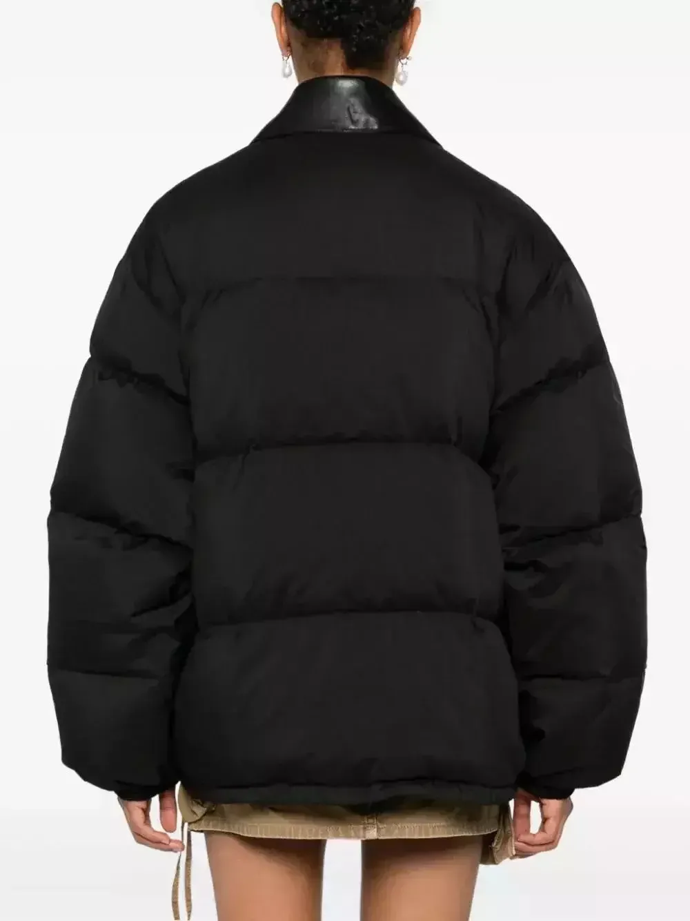 Black Puffer Down Jacket with Leather Collar