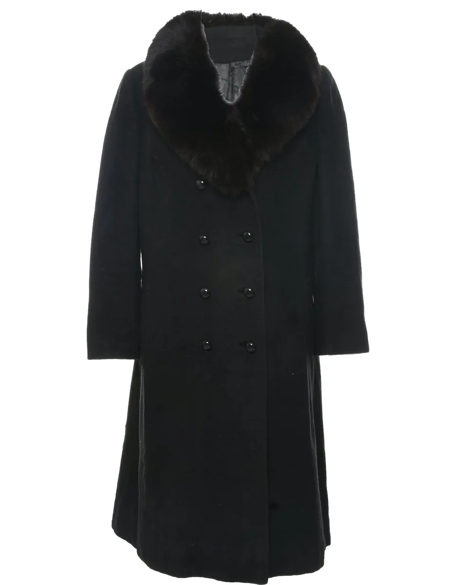 Black Real Fur Wool Coat - M