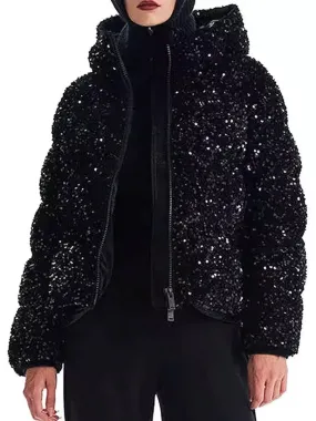 Black Sequined Velvet Hooded Puffer Jacket