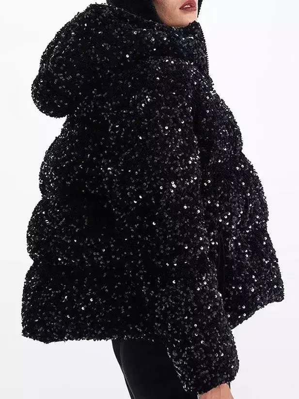 Black Sequined Velvet Hooded Puffer Jacket