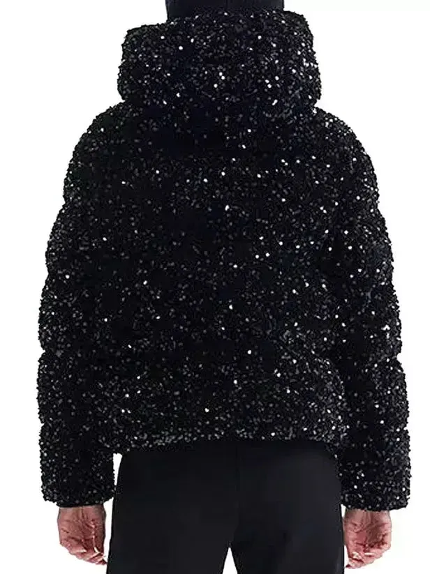 Black Sequined Velvet Hooded Puffer Jacket