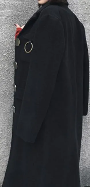 Black Single-Breasted Large Button Wool-Blend Coat