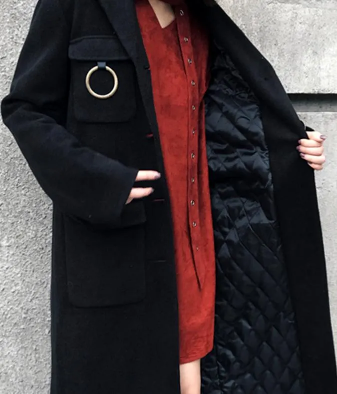 Black Single-Breasted Large Button Wool-Blend Coat