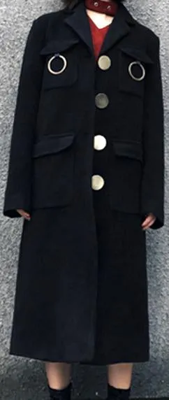 Black Single-Breasted Large Button Wool-Blend Coat