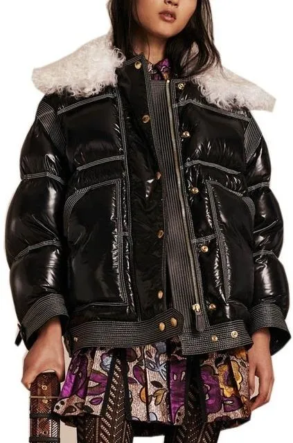 Black Thick Glossy Puffer Down Jacket with Lambs Wool Collar