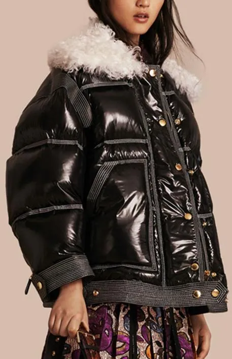 Black Thick Glossy Puffer Down Jacket with Lambs Wool Collar