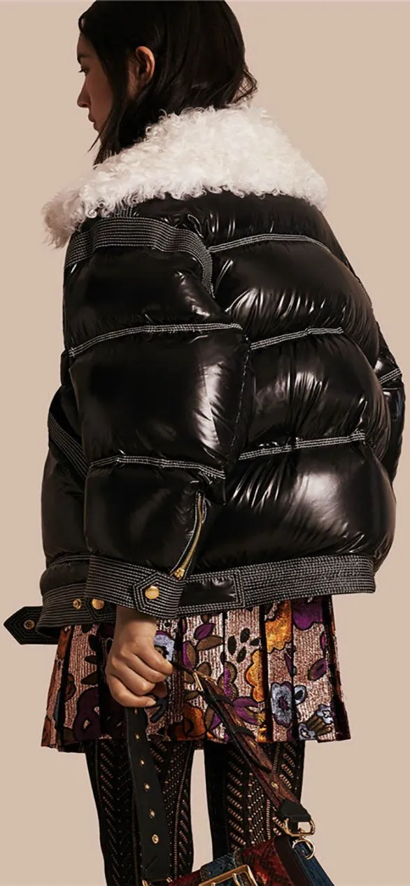 Black Thick Glossy Puffer Down Jacket with Lambs Wool Collar