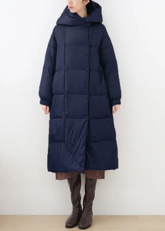 Blue Pockets Hooded Down Coat Long Sleeve